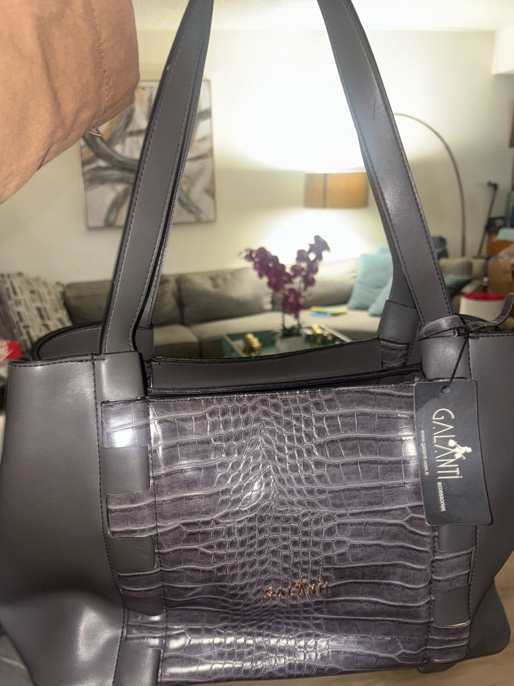 Galanti Women's Gray Croc-Embossed Tote Bag new from Turkey
